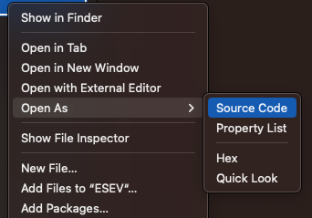 Xcode open as source code