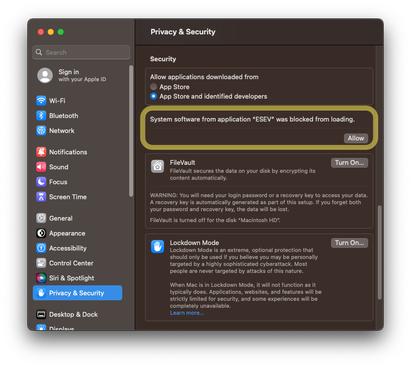 System Settings Allow